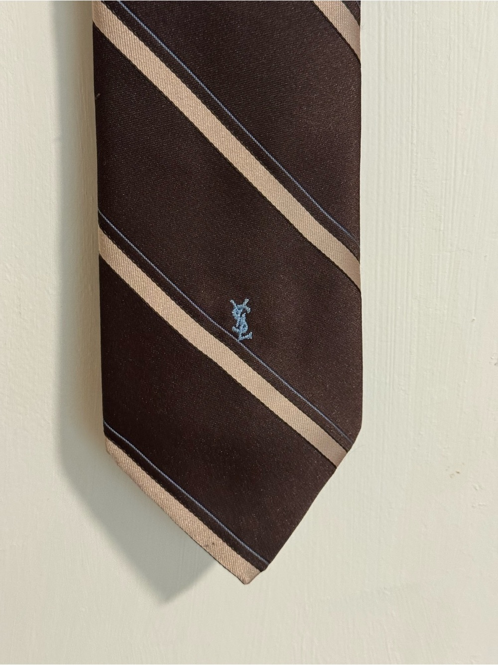 Yves Saint Laurent Brown Tie with Beige Stripes and Light Blue Logo